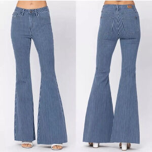 Judy Blue Jeans Super Flare Blue White Stripe Style JB88230 Raw Hem Size‎ 3/26